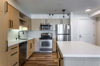 Modern kitchen with white countertops and stainless appliances